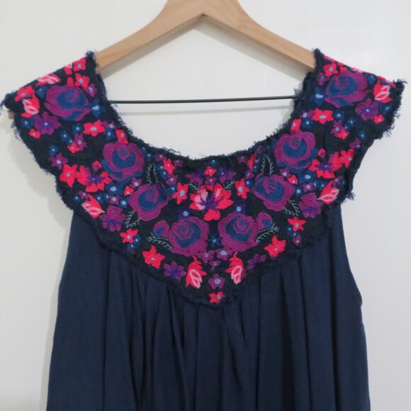 Free People Womens Sz XS Navy Blue Pink In The Flowers Embroidered Swing Dress - Picture 3 of 8